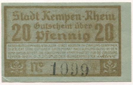 Kempen - Stadt - 9.3.1920 - 20 Pfennig 