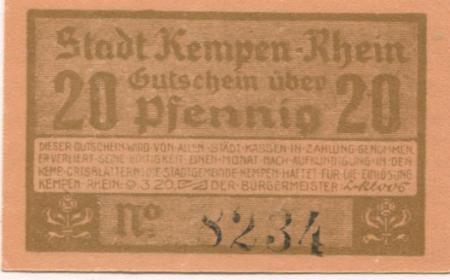 Kempen - Stadt - 9.3.1920 - 20 Pfennig 