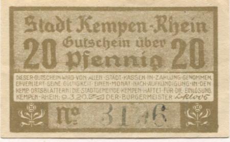 Kempen - Stadt - 9.3.1920 - 20 Pfennig 