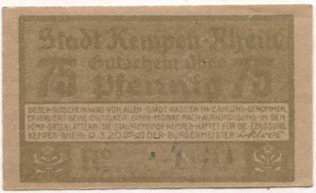 Kempen - Stadt - 9.3.1920 - 75 Pfennig 