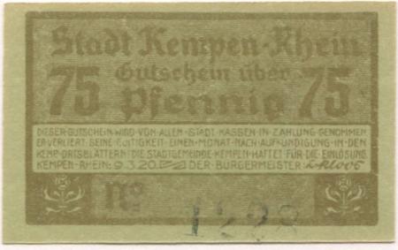 Kempen - Stadt - 9.3.1920 - 75 Pfennig 
