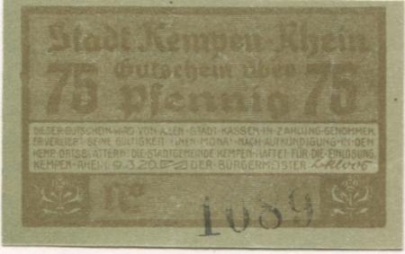 Kempen - Stadt - 9.3.1920 - 75 Pfennig 