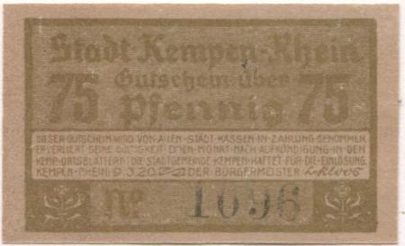 Kempen - Stadt - 9.3.1920 - 75 Pfennig 