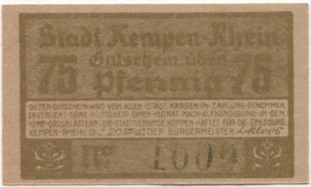 Kempen - Stadt - 9.3.1920 - 75 Pfennig 