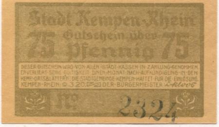 Kempen - Stadt - 9.3.1920 - 75 Pfennig 