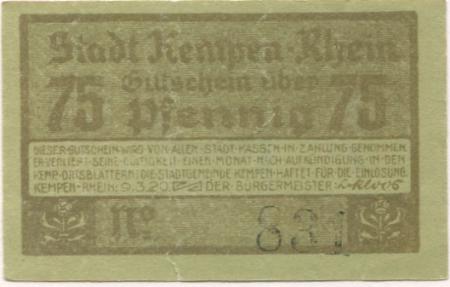 Kempen - Stadt - 9.3.1920 - 75 Pfennig 