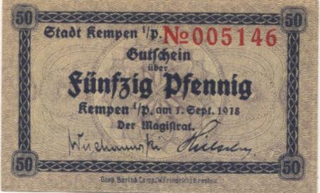 Kempen (heute: PL-Kepno) - Stadt - 1.5.1918 - 50 Pfennig 