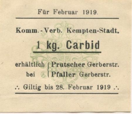 Kempten - Kommunal-Verband - Februar 1919 - 28.2.1919 - 1 kg Carbid 