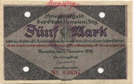 Kempten - Stadt - 2.11.1918 - 1.2.1919 - 5 Mark 