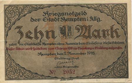 Kempten - Stadt - 2.11.1918 - 1.2.1919 - 10 Mark 