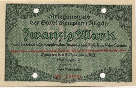 Kempten - Stadt - 2.11.1918 - 1.2.1919 - 20 Mark 