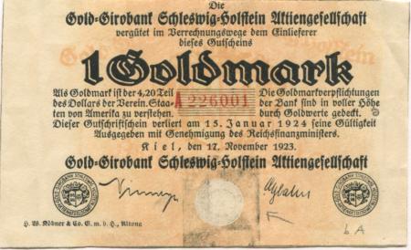 Kiel - Gold-Girobank Schleswig-Holstein AG -  17.11.1923 -15.1.1924 - 1 Gold-Mark 