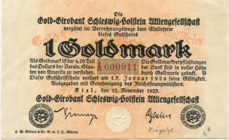 Kiel - Gold-Girobank Schleswig-Holstein AG -  17.11.1923 -15.1.1924 - 1 Gold-Mark 