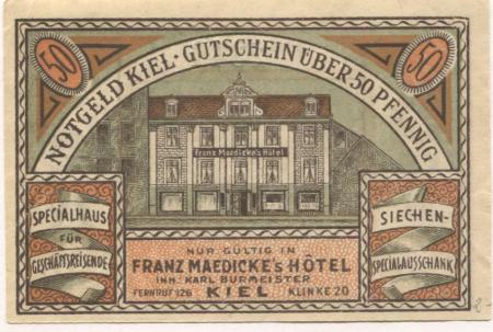 Kiel - Maedicke, Franz, Hotel, Klinke 20, Inhaber: Karl Burmeister - -- - 50 Pfennig 