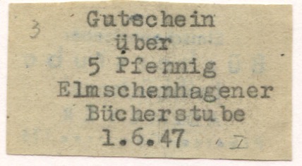 Kiel-Elmschenhagen - Elmschenhagener Bücherstube, Leihbücherei A. D. Meyer, Preetzer Chaussee 111 - 1.6.1947 - 5 Pfennig 