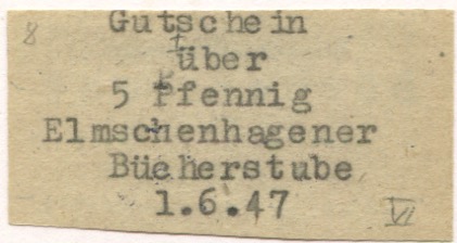 Kiel-Elmschenhagen - Elmschenhagener Bücherstube, Leihbücherei A. D. Meyer, Preetzer Chaussee 111 - 1.6.1947 - 5 Pfennig 