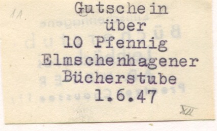 Kiel-Elmschenhagen - Elmschenhagener Bücherstube, Leihbücherei A. D. Meyer, Preetzer Chaussee 111 - 1.6.1947 - 10 Pfennig 