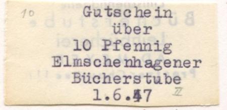 Kiel-Elmschenhagen - Elmschenhagener Bücherstube, Leihbücherei A. D. Meyer, Preetzer Chaussee 111 - 1.6.1947 - 10 Pfennig 