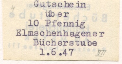 Kiel-Elmschenhagen - Elmschenhagener Bücherstube, Leihbücherei A. D. Meyer, Preetzer Chaussee 111 - 1.6.1947 - 10 Pfennig 