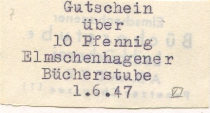 Kiel-Elmschenhagen - Elmschenhagener Bücherstube, Leihbücherei A. D. Meyer, Preetzer Chaussee 111 - 1.6.1947 - 10 Pfennig 