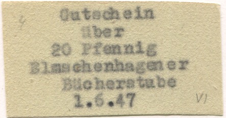 Kiel-Elmschenhagen - Elmschenhagener Bücherstube, Leihbücherei A. D. Meyer, Preetzer Chaussee 111 - 1.6.1947 - 20 Pfennig 