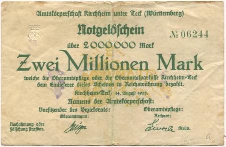 Kirchheim - Amtskörperschaft - 14.8.1923 - 2 Millionen Mark 