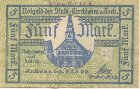 Kirchheim - Stadt - 31.10.1918 - 1.2.1919 - 5 Mark 