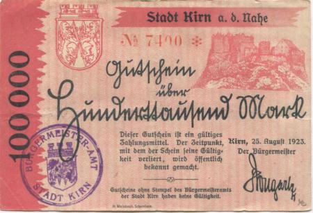 Kirn - Stadt - 25.8.1923 - 100000 Mark 