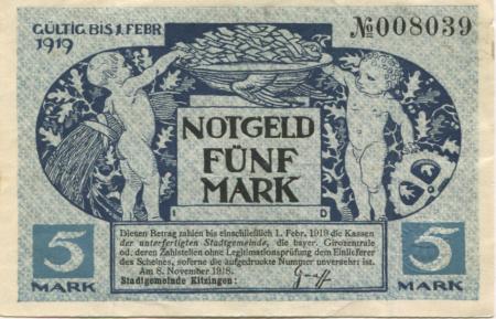 Kitzingen - Stadt - 8.11.1918 - 1.2.1919 - 5 Mark 