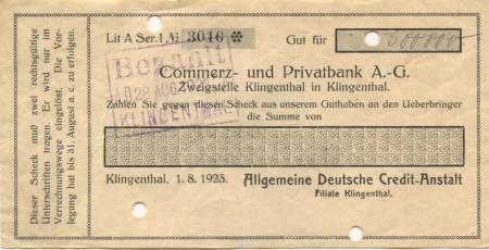 Klingenthal - Allgemeine Deutsche Credit-Anstalt - 1.8.1923 - 31.8.1923 - 500000 Mark 