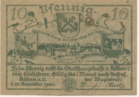 Köben (heute: PL-Rudnia) - Stadt - 24.12.1920 - 10 Pfennig 