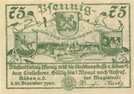 Köben (heute: PL-Rudnia) - Stadt - 24.12.1920 - 75 Pfennig 
