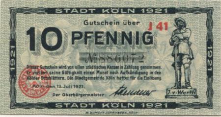 Köln - Stadt - 13.7.1921 - 10 Pfennig 