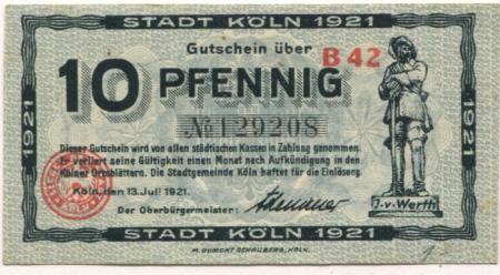 Köln - Stadt - 13.7.1921 - 10 Pfennig 