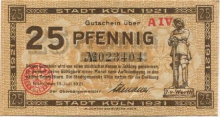 Köln - Stadt - 13.7.1921 - 25 Pfennig 