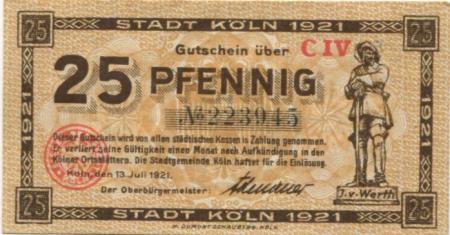 Köln - Stadt - 13.7.1921 - 25 Pfennig 