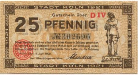 Köln - Stadt - 13.7.1921 - 25 Pfennig 