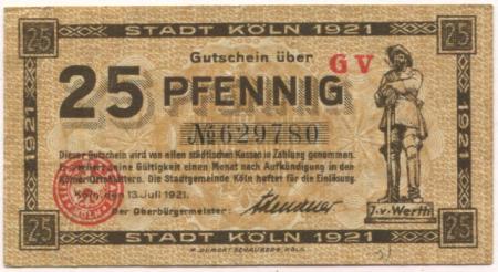 Köln - Stadt - 13.7.1921 - 25 Pfennig 