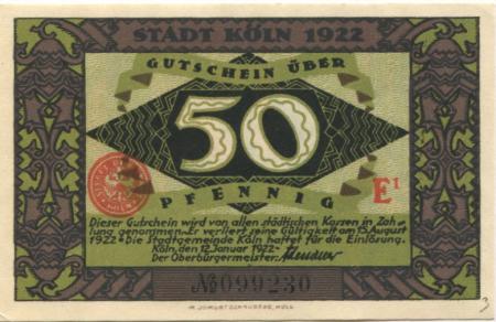 Köln - Stadt - 12.1.1922 - 15.8.1922 - 50 Pfennig 