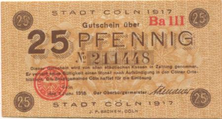 Köln - Stadt - 1.6.1918 - 25 Pfennig 