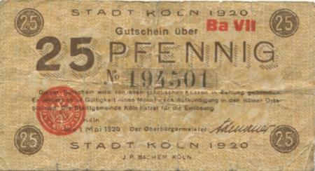 Köln - Stadt - 1.5.1920 - 25 Pfennig 