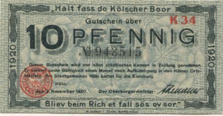 Köln - Stadt - 3.11.1920 - 10 Pfennig 
