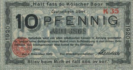 Köln - Stadt - 3.11.1920 - 10 Pfennig 