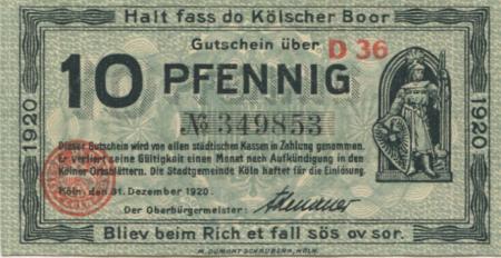 Köln - Stadt - 31.12.1920 - 10 Pfennig 
