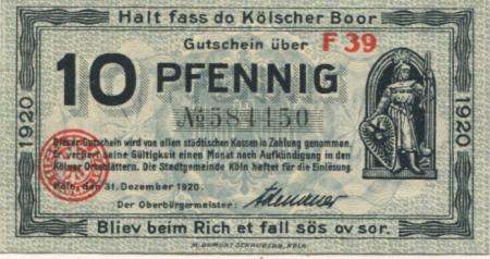 Köln - Stadt - 31.12.1920 - 10 Pfennig 