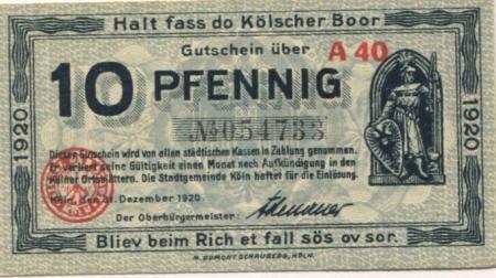 Köln - Stadt - 31.12.1920 - 10 Pfennig 
