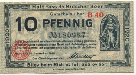 Köln - Stadt - 31.12.1920 - 10 Pfennig 