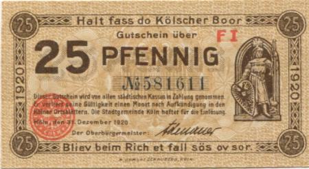 Köln - Stadt - 31.12.1920 - 25 Pfennig 