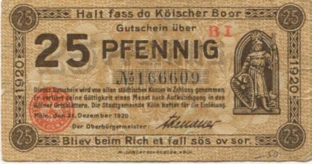 Köln - Stadt - 31.12.1920 - 25 Pfennig 