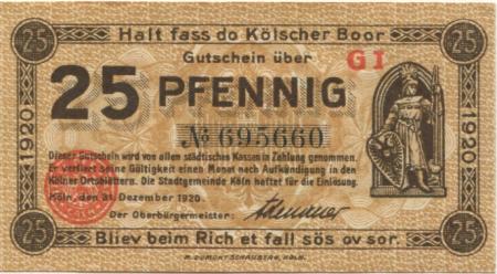 Köln - Stadt - 31.12.1920 - 25 Pfennig 